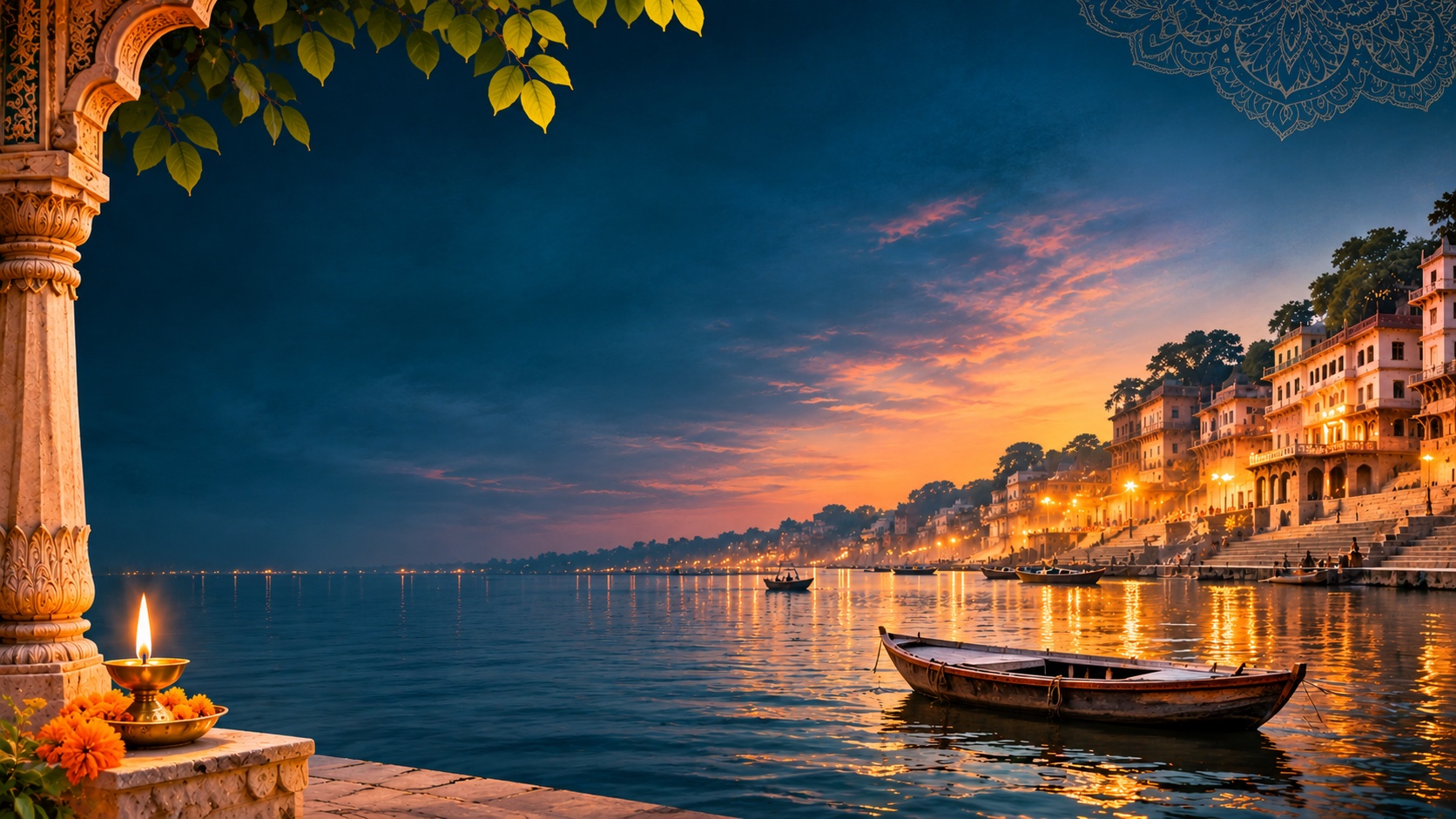 Varanasi ghats at sunset with a lamp, marigolds, and a boat on the Ganga